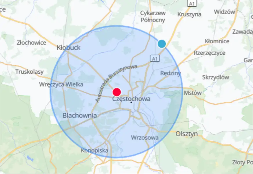 Mapa przybliżonego obszaru dostawy kwiatów wokół Częstochowy