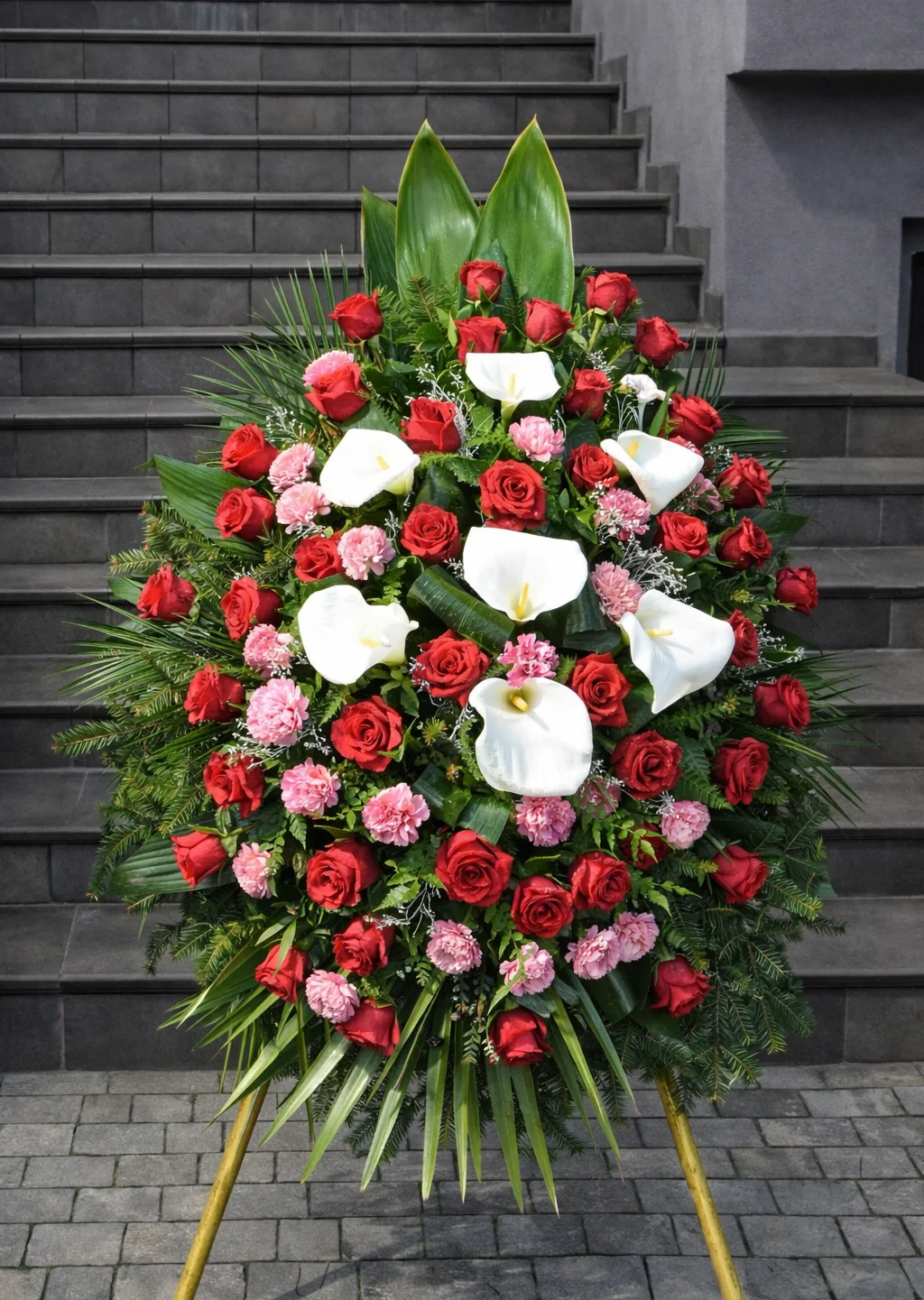Wieniec klasyczny pogrzebowy WK-10 z czerwonymi różami, kaliami i różowymi goździkami