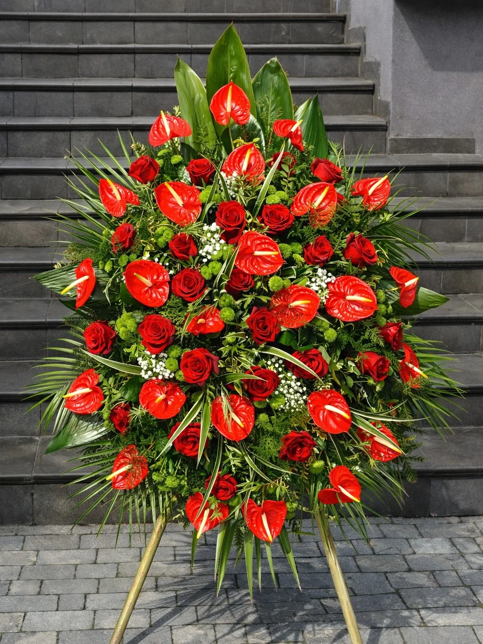 Wieniec klasyczny pogrzebowy WK-7 z czerwonych róż i anturium